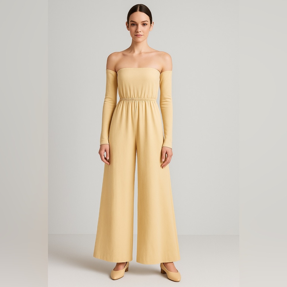 Off-Shoulder Wide-Leg Jumpsuit in Pale Yellow